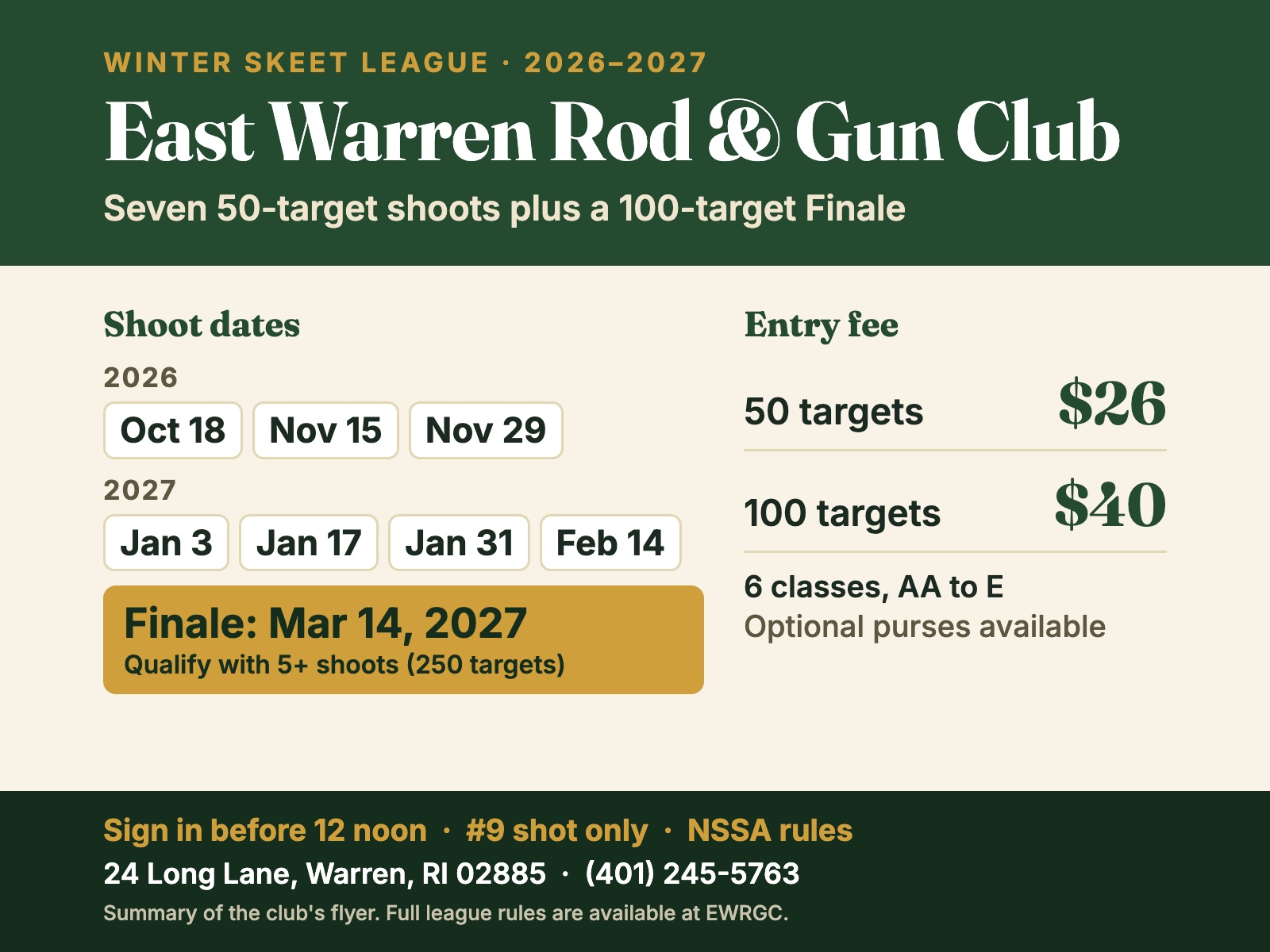 East Warren Rod & Gun Club Winter Skeet League 2026-2027: shoot dates, entry fees and rules